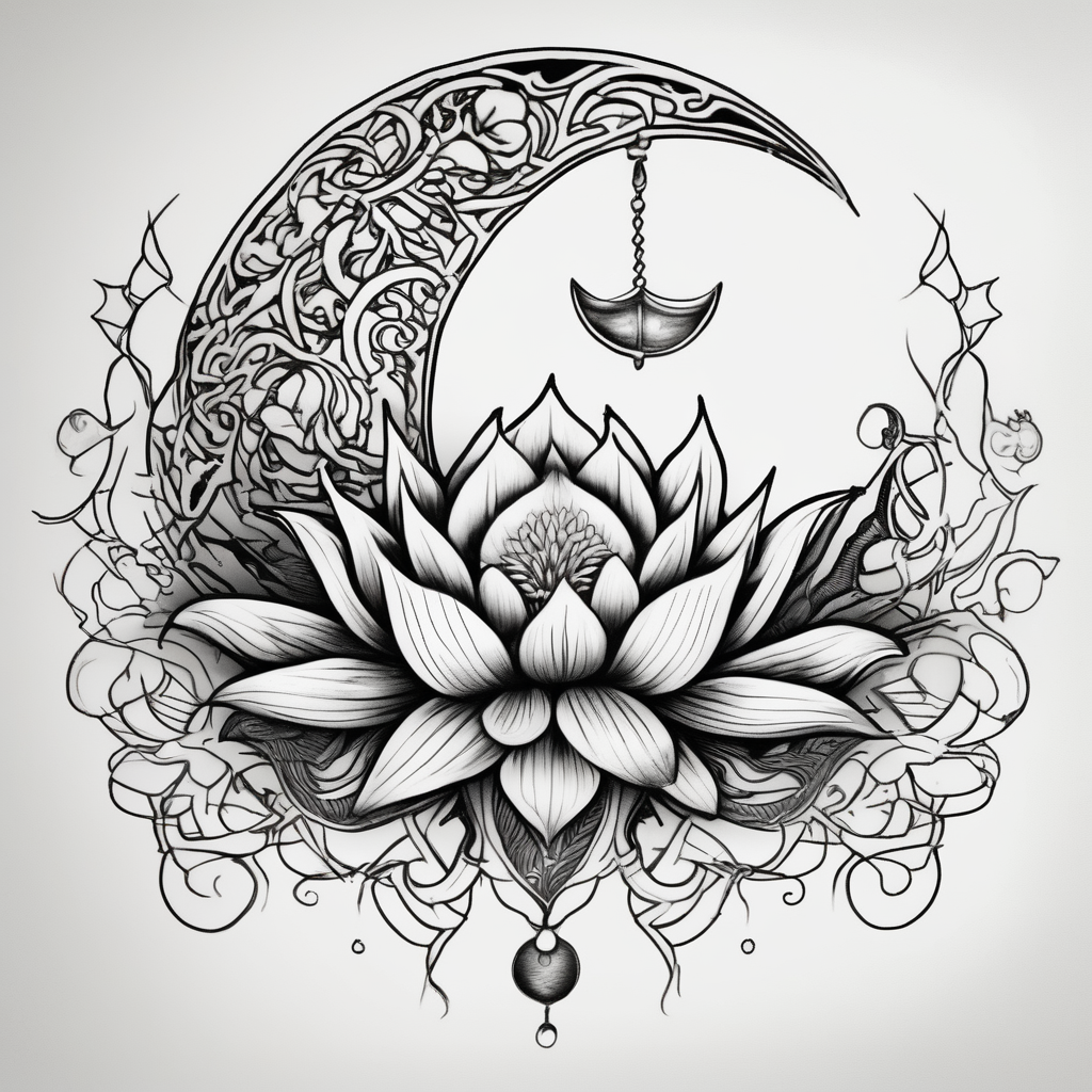 crescent floral moon with lotus flower floral sleeve tattoo, AI-generated Sketch tattoo design